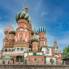 view of St. Basil's Cathedral on Red Square in Moscow against the background of the summer blue sky