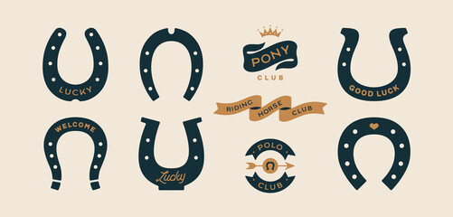 Lucky horseshoe. Set of horseshoes, graphic and lucky symbols. Design elements, set drawing, vintage hipster style. Horseshoe, typography, ribbon and good luck fortune sign. Vector Illustration - 443499794