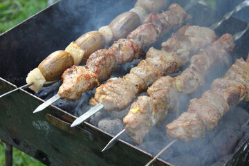 Shish kebab on skewers. Meat Shish Kebab and potatoes on the grill. Close up photo of Traditional outdoor barbecue Picnic. Grilled Meat bbq.
