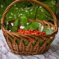 Fototapeta na wymiar Still life with a basket of wild strawberries, standing on a table with a white napkin, against a blurred background of summer greenery.