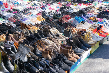 Used shoes for sale in street fairs. Montevideo, Uruguay