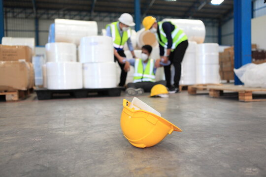 Dangerous accident in warehouse during work , worker accident factory , safety first for working