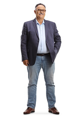 Full length portrait of a mature man wearing jeans and suit