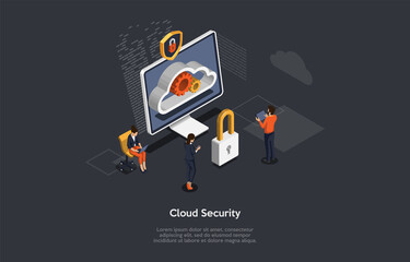 Vector Illustration, Cartoon 3D Style. Isometric Composition On Dark Background. Cloud Security, Personal Data Privacy Protection System. Service Conceptual Design. Computer, Characters, Infographic