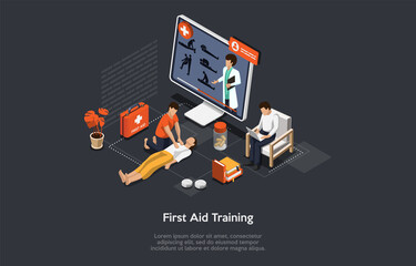 Illustration On Dark Background. Vector Composition, Cartoon 3D Style, Isometric Objects And Characters. Design On First Aid Remote Video Course, Professional Medical Help Online Training Concept.