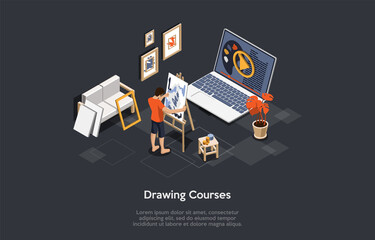 Illustration On Dark Background. Vector Composition, Cartoon 3D Style, Isometric Objects. Characters. Design On Art And Drawing Course, Online Education, Remote Video Class Painting Program Concept