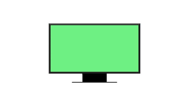 A TV with a green screen on a white isolated background. Animation of the TV approaching.
