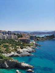 Naklejka na ściany i meble Beautiful panorama of the resort town and the Aegean Sea. Kusadasi, Turkey.