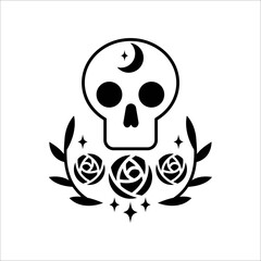 Skull magic symbols esoteric witch tattoos with crescent moon, rose flower, branch of leaves, star. Vector flat mystic vintage illustration. Design for poster, card, flyer, tarot