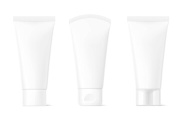 Blank plastic tube mockup for cosmetics with cap. Front view. Vector illustration isolated on white background. Can be use for your design, advertising, promo and etc. EPS10.	