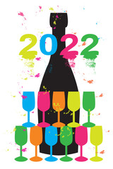 Silhouette of black bottle and colored glasses with sparkling wine and text two thousand twenty-two