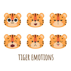 Obraz na płótnie Canvas Set of cute 6 muzzles, faces tiger, tiger cub with big eyes, brown stripes, symbol of new 2022 year on white background. Vector illustration for postcard, banner, web, decor, design, arts, calendar.