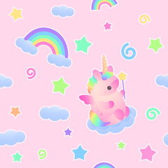 Obraz na płótnie Canvas Seamless pattern with cute plump pink unicorn, rainbow and cloud with stars around. Holiday, birthday illustration for greeting card, banner, party.