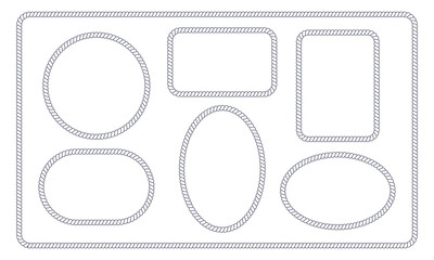 Different rope frames set. Circle, oval, rectangle shapes in retro yacht style. Nautical design elements for print and decoration. Simple vector illustration.