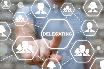 Business management concept of delegating and teamwork. Delegation scheme or company structure....