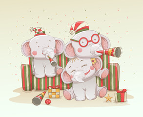 three cute baby elephants celebrate christmas and new years together