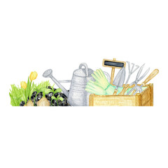 Watercolor garden tools border frame. Hand drawn, rake, bucket, wood box, shovel illustration isolated on white. Spring, summer template for cards, Gardening equipment banner