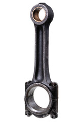 Metal connecting rod from a large combustion engine. Spare parts used for repair in a car repair shop.