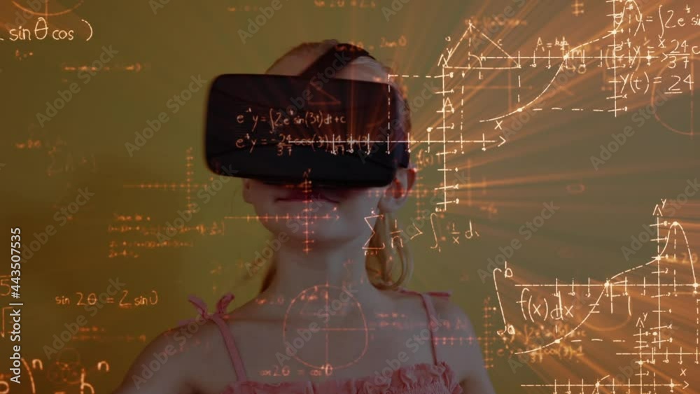 Wall mural Animation of mathematical formulas over schoolgirl using vr headset