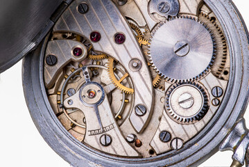 The inside of a spring-powered watch. Mechanism and gears in a portable timing device.