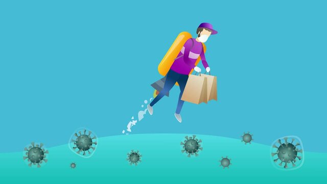 Contactless express delivery. Online shopping. Courier in medical mask gloves and cap flying on yellow rocket holding groceries packages. Epidemic MERS-CoV virus 2019-nCoV. 4k animation concept.