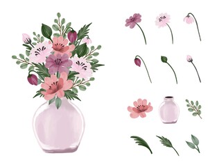 set of pink vase with flower bouquet  and element flower bud branch and leaves	