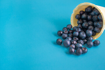 Blueberries in a waffle ice cream cup on a bright blue background. Super vitamin blueberry. Vegetarian ice cream