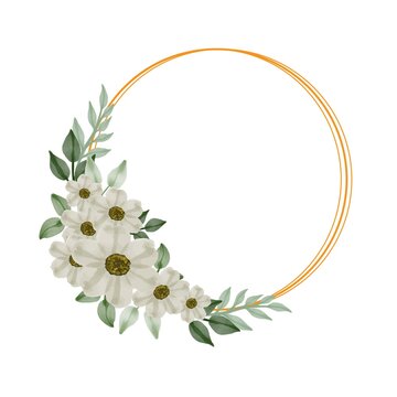 Simple Gold Frame With White Flower Bouquet For Wedding Card