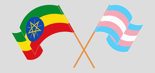 Crossed and waving flags of Ethiopia and Transgender Pride