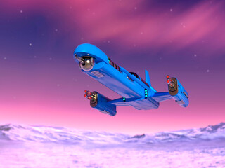 spaceship is taking off on the desert ice land at night