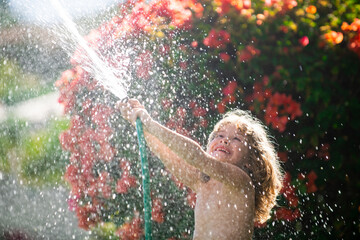 little gardener child helping to watering flowers with garden hose in summer garden. Seasonal yard...