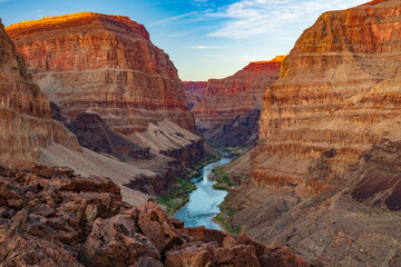 The Last Sun of the Day Illumuinates the Top of the Cliffs in the Grand Canyon