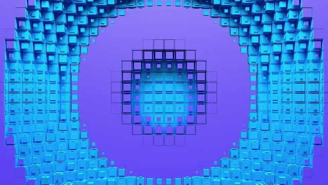 Blue voxel circle holes and rings diverge from the center of screen. Seamless loop 3D animation.