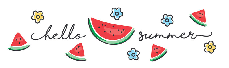 Hello Summer handwritten typography lettering text line design colorful flowers and watermelons draw white isolated background banner