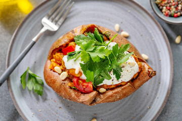 Baked sweet potato with sour cream