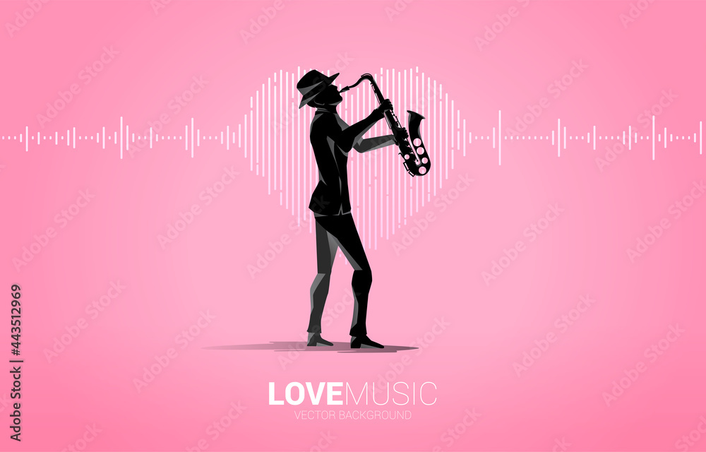 Poster vector silhouette of saxophonist with sound wave heart icon music equalizer background. love song mu