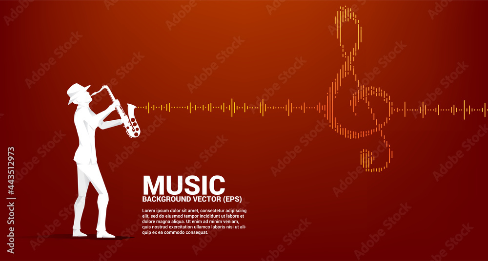 Poster vector silhouette of saxophonist with sol key note icon sound wave music equalizer background. backg