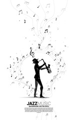 Vector silhouette of saxophonist with music melody note dancing flow . Concept background for classic music concert and recreation.