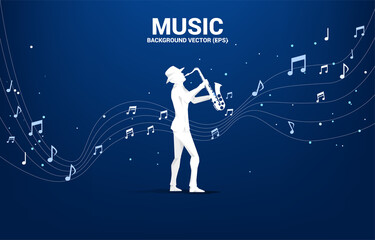 Vector silhouette of saxophonist with music melody note dancing flow . Concept background for classic music concert and recreation.