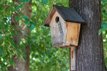 Birdhouse for birds on a tree.