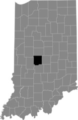 Black highlighted location map of the Hoosier Hendricks County inside gray map of the Federal State of Indiana, USA