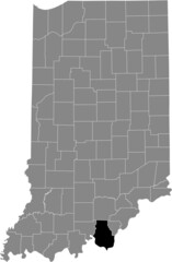 Black highlighted location map of the Hoosier Harrison County inside gray map of the Federal State of Indiana, USA