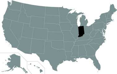 Black highlighted location map of the US Federal State of Indiana inside gray map of the United States of America