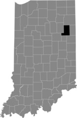 Black highlighted location map of the Hoosier Wells County inside gray map of the Federal State of Indiana, USA