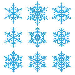 Fototapeta na wymiar Set of beautiful complex Christmas snowflakes, light blue on white background