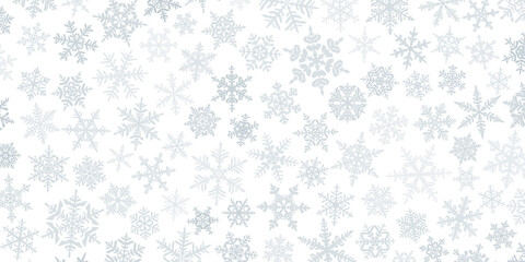 Christmas background with various complex big and small snowflakes, gray on white