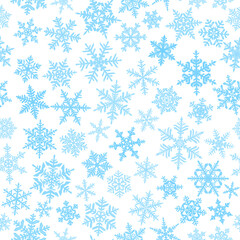 Christmas seamless pattern with complex big and small snowflakes, light blue on white background