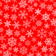 Christmas seamless pattern with complex big and small snowflakes, white on red background