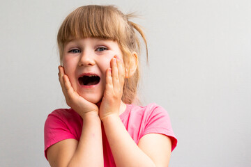 funny child girl with hands close to face isolated on white background