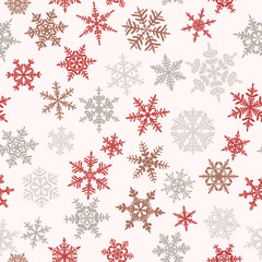 Christmas seamless pattern with complex big and small snowflakes, colored on white background